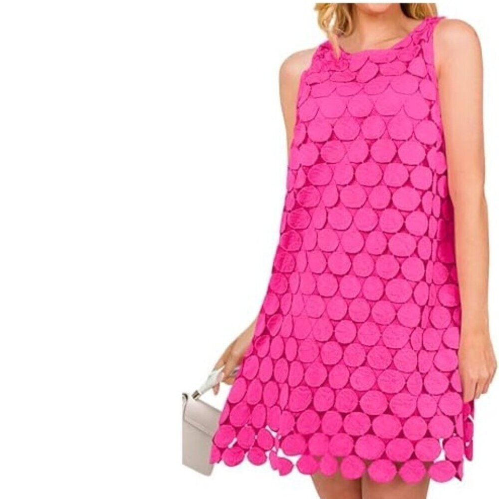 Umgee Pink Polkadot Crochet Lace Overlay Mini Shift Dress